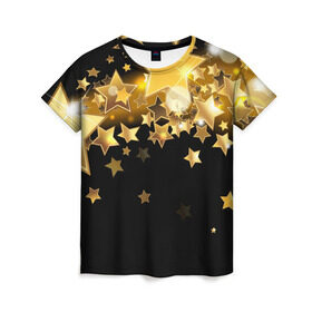 Женская футболка 3D с принтом Золотые звездочки в Петрозаводске, 100% полиэфир ( синтетическое хлопкоподобное полотно) | прямой крой, круглый вырез горловины, длина до линии бедер | 3d | звездочки | звезды | золото | золотые звездочки | картинка | черный фон
