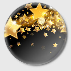 Значок с принтом Золотые звездочки в Петрозаводске,  металл | круглая форма, металлическая застежка в виде булавки | 3d | звездочки | звезды | золото | золотые звездочки | картинка | черный фон