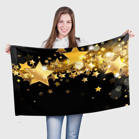 Флаг 3D с принтом Золотые звездочки в Петрозаводске, 100% полиэстер | плотность ткани — 95 г/м2, размер — 67 х 109 см. Принт наносится с одной стороны | 3d | звездочки | звезды | золото | золотые звездочки | картинка | черный фон