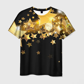 Мужская футболка 3D с принтом Золотые звездочки в Петрозаводске, 100% полиэфир | прямой крой, круглый вырез горловины, длина до линии бедер | 3d | звездочки | звезды | золото | золотые звездочки | картинка | черный фон