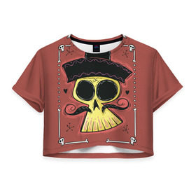 Женская футболка 3D укороченная с принтом Dia de los Muertos в Петрозаводске, 100% полиэстер | круглая горловина, длина футболки до линии талии, рукава с отворотами | Тематика изображения на принте: череп