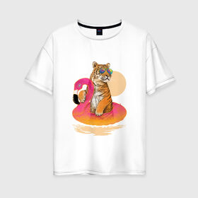 Женская футболка хлопок Oversize с принтом Тигр в Петрозаводске, 100% хлопок | свободный крой, круглый ворот, спущенный рукав, длина до линии бедер
 | лето | пляж | солнце | тигр | фламинго