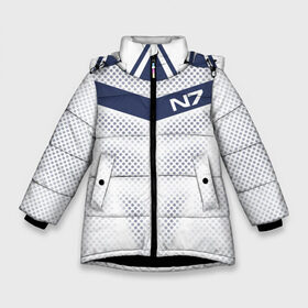 Зимняя куртка для девочек 3D с принтом Mass Effect N7 в Петрозаводске, ткань верха — 100% полиэстер; подклад — 100% полиэстер, утеплитель — 100% полиэстер. | длина ниже бедра, удлиненная спинка, воротник стойка и отстегивающийся капюшон. Есть боковые карманы с листочкой на кнопках, утяжки по низу изделия и внутренний карман на молнии. 

Предусмотрены светоотражающий принт на спинке, радужный светоотражающий элемент на пуллере молнии и на резинке для утяжки. | andromed | effect | n7 | альянс | ефект | игра | компьютерная | мас | масс | н7 | онлайн | программа | профессиональный военный код | сокрушитель n7 | фурия n7