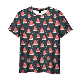 Мужская футболка 3D с принтом Tropical melon dark в Петрозаводске, 100% полиэфир | прямой крой, круглый вырез горловины, длина до линии бедер | Тематика изображения на принте: арбуз