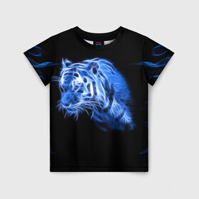 Детская футболка 3D с принтом Синий тигр в Петрозаводске, 100% гипоаллергенный полиэфир | прямой крой, круглый вырез горловины, длина до линии бедер, чуть спущенное плечо, ткань немного тянется | tiger | большая кошка | огонь | пламя | тигр | хищник