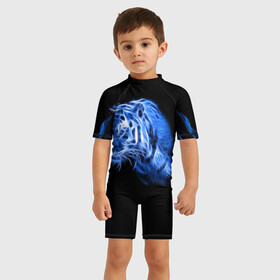 Детский купальный костюм 3D с принтом Синий тигр в Петрозаводске, Полиэстер 85%, Спандекс 15% | застежка на молнии на спине | tiger | большая кошка | огонь | пламя | тигр | хищник