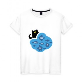 Женская футболка хлопок с принтом Кот программиста в Петрозаводске, 100% хлопок | прямой крой, круглый вырез горловины, длина до линии бедер, слегка спущенное плечо | картинки со смыслом | код | кот | котик | ловить рыбку | офис | прикольные картинки | программистам | работа