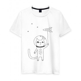 Мужская футболка хлопок с принтом кот в космосе в Петрозаводске, 100% хлопок | прямой крой, круглый вырез горловины, длина до линии бедер, слегка спущенное плечо. | космос | кот