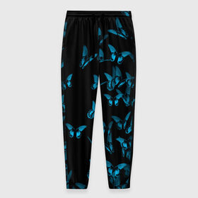 Мужские брюки 3D с принтом Синие бабочки в Петрозаводске, 100% полиэстер | манжеты по низу, эластичный пояс регулируется шнурком, по бокам два кармана без застежек, внутренняя часть кармана из мелкой сетки | бабочка | мотылек | насекомые | синий