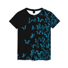 Женская футболка 3D с принтом Синие бабочки в Петрозаводске, 100% полиэфир ( синтетическое хлопкоподобное полотно) | прямой крой, круглый вырез горловины, длина до линии бедер | бабочка | мотылек | насекомые | синий