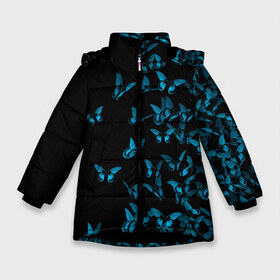 Зимняя куртка для девочек 3D с принтом Синие бабочки в Петрозаводске, ткань верха — 100% полиэстер; подклад — 100% полиэстер, утеплитель — 100% полиэстер. | длина ниже бедра, удлиненная спинка, воротник стойка и отстегивающийся капюшон. Есть боковые карманы с листочкой на кнопках, утяжки по низу изделия и внутренний карман на молнии. 

Предусмотрены светоотражающий принт на спинке, радужный светоотражающий элемент на пуллере молнии и на резинке для утяжки. | бабочка | мотылек | насекомые | синий