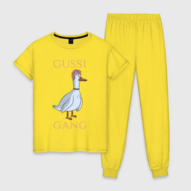 Женская пижама хлопок с принтом GUSSI GANG в Петрозаводске, 100% хлопок | брюки и футболка прямого кроя, без карманов, на брюках мягкая резинка на поясе и по низу штанин | 