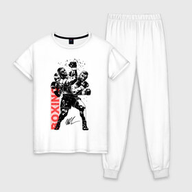 Женская пижама хлопок с принтом Майк Тайсон в Петрозаводске, 100% хлопок | брюки и футболка прямого кроя, без карманов, на брюках мягкая резинка на поясе и по низу штанин | boxing | mike tyson |   | бокс | боксер | майк тайсон