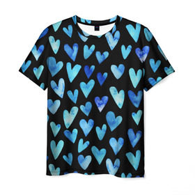 Мужская футболка 3D с принтом Blue Hearts в Петрозаводске, 100% полиэфир | прямой крой, круглый вырез горловины, длина до линии бедер | Тематика изображения на принте: акварель | любовь | паттерн | сердечки
