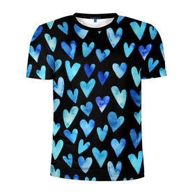 Мужская футболка 3D спортивная с принтом Blue Hearts в Петрозаводске, 100% полиэстер с улучшенными характеристиками | приталенный силуэт, круглая горловина, широкие плечи, сужается к линии бедра | акварель | любовь | паттерн | сердечки