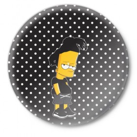 Значок с принтом Барт с дредами в Петрозаводске,  металл | круглая форма, металлическая застежка в виде булавки | Тематика изображения на принте: bart simspon | black | барт | горошек | дреды | симпсон | черный