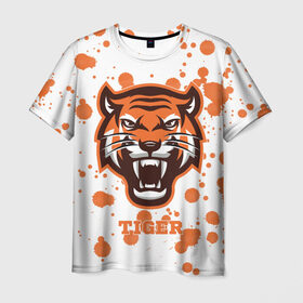 Мужская футболка 3D с принтом Огненный тигр в Петрозаводске, 100% полиэфир | прямой крой, круглый вырез горловины, длина до линии бедер | дикий | желтый | зверь | злой | лес | охотник | стая | тигр | узор | хищник | черный | шерсть