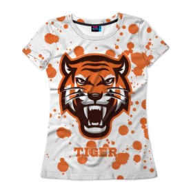 Женская футболка 3D с принтом Огненный тигр в Петрозаводске, 100% полиэфир ( синтетическое хлопкоподобное полотно) | прямой крой, круглый вырез горловины, длина до линии бедер | дикий | желтый | зверь | злой | лес | охотник | стая | тигр | узор | хищник | черный | шерсть