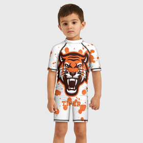 Детский купальный костюм 3D с принтом Огненный тигр в Петрозаводске, Полиэстер 85%, Спандекс 15% | застежка на молнии на спине | дикий | желтый | зверь | злой | лес | охотник | стая | тигр | узор | хищник | черный | шерсть
