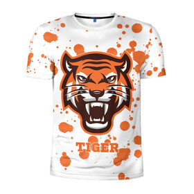 Мужская футболка 3D спортивная с принтом Огненный тигр в Петрозаводске, 100% полиэстер с улучшенными характеристиками | приталенный силуэт, круглая горловина, широкие плечи, сужается к линии бедра | дикий | желтый | зверь | злой | лес | охотник | стая | тигр | узор | хищник | черный | шерсть