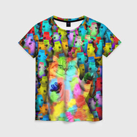 Женская футболка 3D с принтом Котики на дискотеке в Петрозаводске, 100% полиэфир ( синтетическое хлопкоподобное полотно) | прямой крой, круглый вырез горловины, длина до линии бедер | Тематика изображения на принте: кошки | паттерн | психоделика | разноцветный | яркий