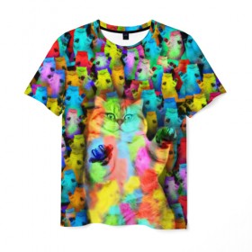 Мужская футболка 3D с принтом Котики на дискотеке в Петрозаводске, 100% полиэфир | прямой крой, круглый вырез горловины, длина до линии бедер | кошки | паттерн | психоделика | разноцветный | яркий