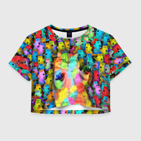 Женская футболка 3D укороченная с принтом Котики на дискотеке в Петрозаводске, 100% полиэстер | круглая горловина, длина футболки до линии талии, рукава с отворотами | кошки | паттерн | психоделика | разноцветный | яркий