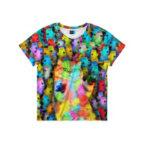 Детская футболка 3D с принтом Котики на дискотеке в Петрозаводске, 100% гипоаллергенный полиэфир | прямой крой, круглый вырез горловины, длина до линии бедер, чуть спущенное плечо, ткань немного тянется | кошки | паттерн | психоделика | разноцветный | яркий