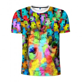 Мужская футболка 3D спортивная с принтом Котики на дискотеке в Петрозаводске, 100% полиэстер с улучшенными характеристиками | приталенный силуэт, круглая горловина, широкие плечи, сужается к линии бедра | Тематика изображения на принте: кошки | паттерн | психоделика | разноцветный | яркий