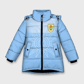 Зимняя куртка для девочек 3D с принтом Уругвай домашняя форма в Петрозаводске, ткань верха — 100% полиэстер; подклад — 100% полиэстер, утеплитель — 100% полиэстер. | длина ниже бедра, удлиненная спинка, воротник стойка и отстегивающийся капюшон. Есть боковые карманы с листочкой на кнопках, утяжки по низу изделия и внутренний карман на молнии. 

Предусмотрены светоотражающий принт на спинке, радужный светоотражающий элемент на пуллере молнии и на резинке для утяжки. | домашняя форма | уругвай | уругвай домашняя форма