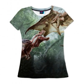 Женская футболка 3D с принтом Monster Hunter в Петрозаводске, 100% полиэфир ( синтетическое хлопкоподобное полотно) | прямой крой, круглый вырез горловины, длина до линии бедер | gamer | mhr | monster hunter | динозавр | дракон