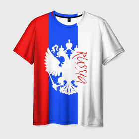 Мужская футболка 3D с принтом Russia в Петрозаводске, 100% полиэфир | прямой крой, круглый вырез горловины, длина до линии бедер | rus | вертикальный | герб | россия | рф | триколор