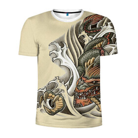 Мужская футболка 3D спортивная с принтом Восточный дракон в Петрозаводске, 100% полиэстер с улучшенными характеристиками | приталенный силуэт, круглая горловина, широкие плечи, сужается к линии бедра | восток | дракон | тату | татуировка | япония