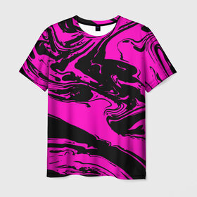 Мужская футболка 3D с принтом Черно розовый акрил в Петрозаводске, 100% полиэфир | прямой крой, круглый вырез горловины, длина до линии бедер | волна | естественный | искусство | камень | краска | красочный | линии | модерн | мокрый | натуральный | яркие
