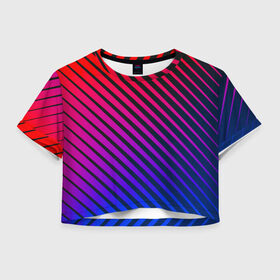 Женская футболка 3D укороченная с принтом Градиентные линии в Петрозаводске, 100% полиэстер | круглая горловина, длина футболки до линии талии, рукава с отворотами | абстракция | градиент | красный | линии | полосы | синий | темный | цвет