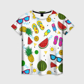 Женская футболка 3D с принтом Летняя в Петрозаводске, 100% полиэфир ( синтетическое хлопкоподобное полотно) | прямой крой, круглый вырез горловины, длина до линии бедер | hot | lemon | summer | sun | ананас | арбуз | жара | курорт | лайм | лето | лимон | море | мороженое | отдых | очки | пляж | солнце