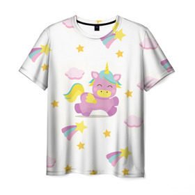 Мужская футболка 3D с принтом Розовый единорог в Петрозаводске, 100% полиэфир | прямой крой, круглый вырез горловины, длина до линии бедер | единорог | звезда | легенда | лошадь | милые | миф | радуга | рог | символ | сказка | существо | яркие