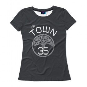 Женская футболка 3D с принтом Kevin Durant форма GSW Town в Петрозаводске, 100% полиэфир ( синтетическое хлопкоподобное полотно) | прямой крой, круглый вырез горловины, длина до линии бедер | Тематика изображения на принте: 