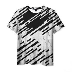 Мужская футболка 3D с принтом HEXAGON - Black and White в Петрозаводске, 100% полиэфир | прямой крой, круглый вырез горловины, длина до линии бедер | 