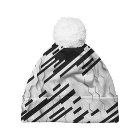 Шапка 3D c помпоном с принтом HEXAGON - Black and White в Петрозаводске, 100% полиэстер | универсальный размер, печать по всей поверхности изделия | Тематика изображения на принте: 