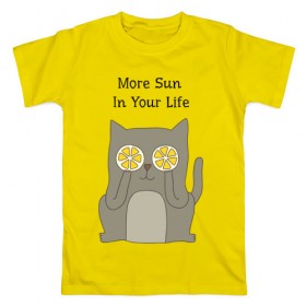 Мужская футболка хлопок с принтом More Sun In Your Life в Петрозаводске, 100% хлопок | прямой крой, круглый вырез горловины, длина до линии бедер, слегка спущенное плечо. | Тематика изображения на принте: cat | lemon | summer | кот | котэ | кошка | лето | лимон | солнце | сочный
