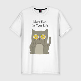 Мужская футболка премиум с принтом More Sun In Your Life в Петрозаводске, 92% хлопок, 8% лайкра | приталенный силуэт, круглый вырез ворота, длина до линии бедра, короткий рукав | Тематика изображения на принте: cat | lemon | summer | кот | котэ | кошка | лето | лимон | солнце | сочный