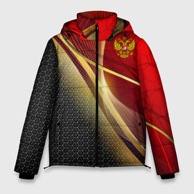 Мужская зимняя куртка 3D с принтом RUSSIA SPORT Red and Black в Петрозаводске, верх — 100% полиэстер; подкладка — 100% полиэстер; утеплитель — 100% полиэстер | длина ниже бедра, свободный силуэт Оверсайз. Есть воротник-стойка, отстегивающийся капюшон и ветрозащитная планка. 

Боковые карманы с листочкой на кнопках и внутренний карман на молнии. | Тематика изображения на принте: abstract | design | geometry | hexagon | red and black | russia | sport | texture | абстракция | геометрия | герб | дизайн | патриот | патриотизм | россия | русский | соты | спорт | текстура | шестиугольники