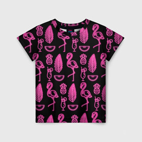 Детская футболка 3D с принтом Светящийся фламинго в Петрозаводске, 100% гипоаллергенный полиэфир | прямой крой, круглый вырез горловины, длина до линии бедер, чуть спущенное плечо, ткань немного тянется | Тематика изображения на принте: африка | крылья | мода | прикольные | природа | птица | розовый | фламинго | цвет | яркие