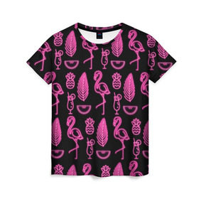 Женская футболка 3D с принтом Светящийся фламинго в Петрозаводске, 100% полиэфир ( синтетическое хлопкоподобное полотно) | прямой крой, круглый вырез горловины, длина до линии бедер | Тематика изображения на принте: африка | крылья | мода | прикольные | природа | птица | розовый | фламинго | цвет | яркие