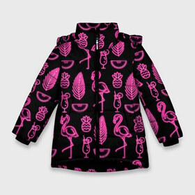 Зимняя куртка для девочек 3D с принтом Светящийся фламинго в Петрозаводске, ткань верха — 100% полиэстер; подклад — 100% полиэстер, утеплитель — 100% полиэстер. | длина ниже бедра, удлиненная спинка, воротник стойка и отстегивающийся капюшон. Есть боковые карманы с листочкой на кнопках, утяжки по низу изделия и внутренний карман на молнии. 

Предусмотрены светоотражающий принт на спинке, радужный светоотражающий элемент на пуллере молнии и на резинке для утяжки. | африка | крылья | мода | прикольные | природа | птица | розовый | фламинго | цвет | яркие