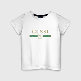 Детская футболка хлопок с принтом Gussi в Петрозаводске, 100% хлопок | круглый вырез горловины, полуприлегающий силуэт, длина до линии бедер | ga ga ga | gang | gucci | guchi | guci | gusi | gussi | га га га | гуси | гусси | гучи | гуччи | модный гусь
