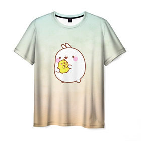 Мужская футболка 3D с принтом Molang Друзья в Петрозаводске, 100% полиэфир | прямой крой, круглый вырез горловины, длина до линии бедер | Тематика изображения на принте: kawaii | аниме | зайчик | зая | заяц | каваи | мимими | моланг | птенчик
