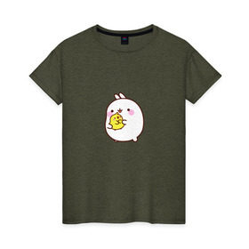 Женская футболка хлопок с принтом Molang Друзья в Петрозаводске, 100% хлопок | прямой крой, круглый вырез горловины, длина до линии бедер, слегка спущенное плечо | kawaii | аниме | зайчик | зая | заяц | каваи | мимими | моланг | птенчик