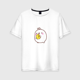 Женская футболка хлопок Oversize с принтом Molang Друзья в Петрозаводске, 100% хлопок | свободный крой, круглый ворот, спущенный рукав, длина до линии бедер
 | kawaii | аниме | зайчик | зая | заяц | каваи | мимими | моланг | птенчик